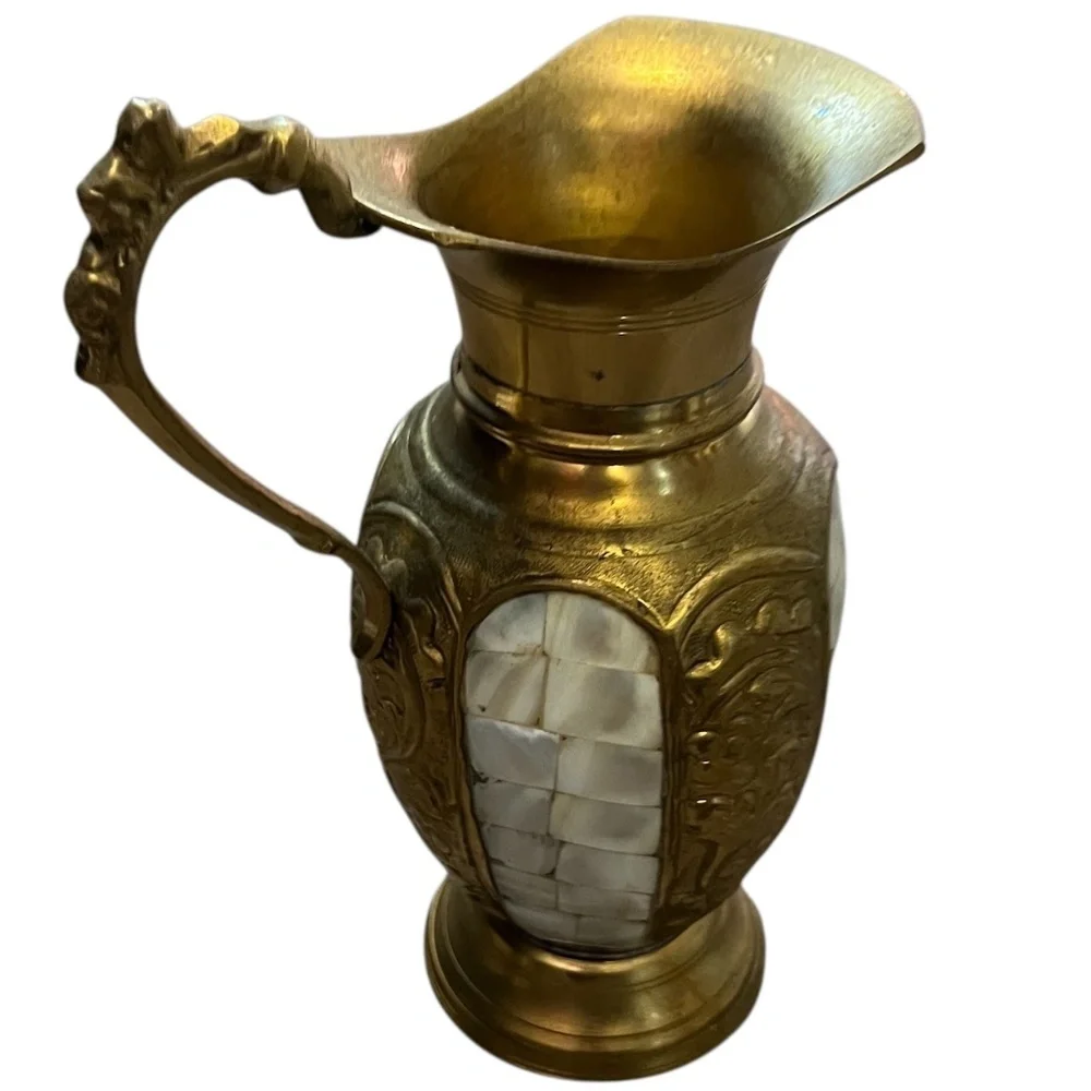 Set‎ Of 2 Vintage MCM Lacquered Brass & Mother of Pearl Inlay Vase Urn & Pitcher
